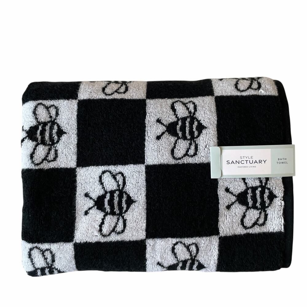 Chic Black & White Checkered BEE Bath Towel Set of 2 100% Cotton NEW
